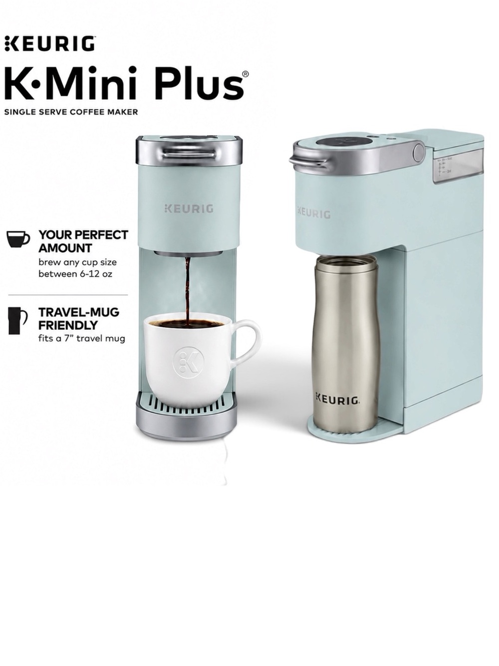 Keurig K-Mini Plus Misty Green 6-12oz Pod Storage & Travel Cup Compatible